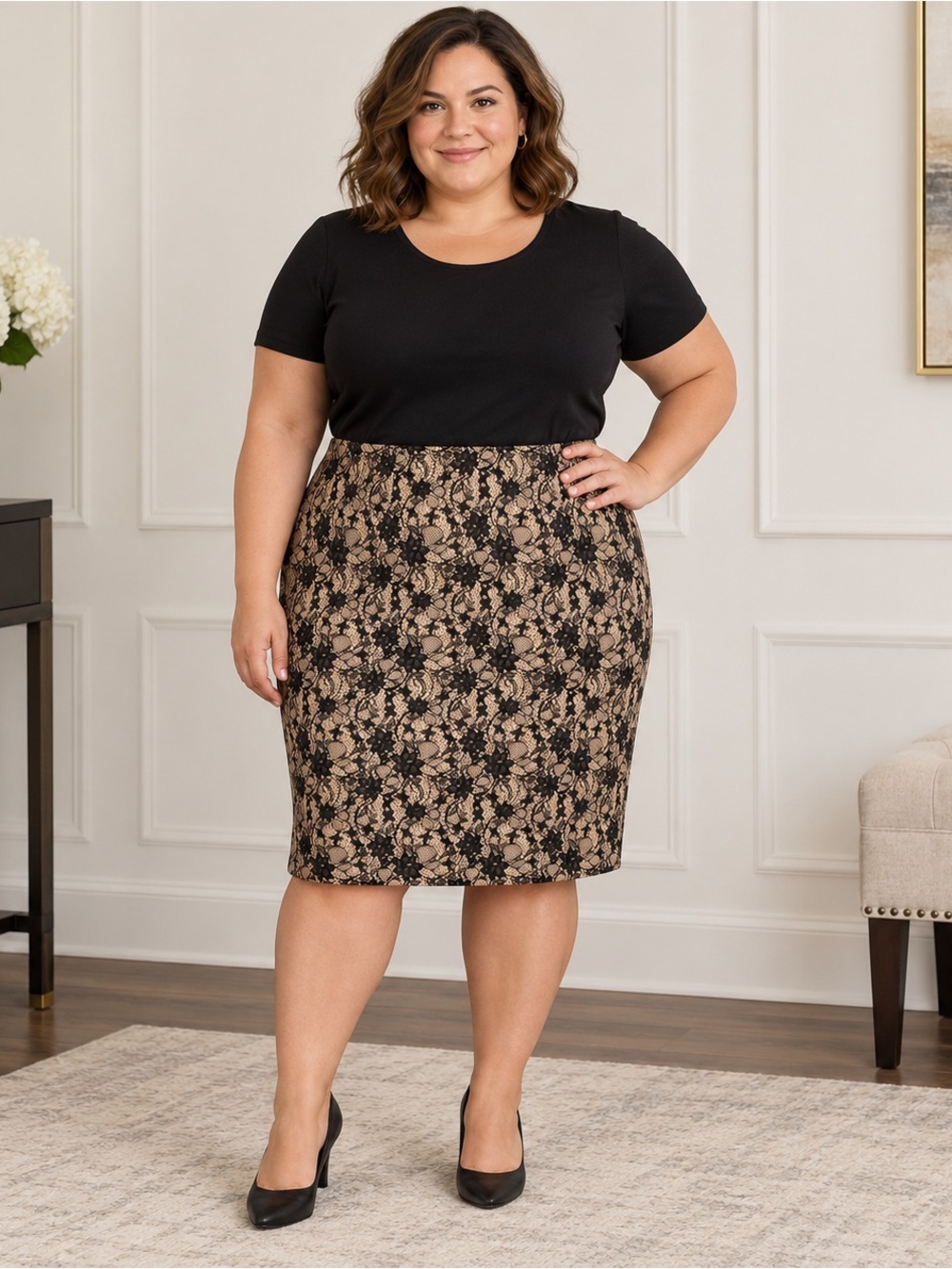 Talbots 22WP Black Lace Nude Lined Pencil Skirt Plus Petite